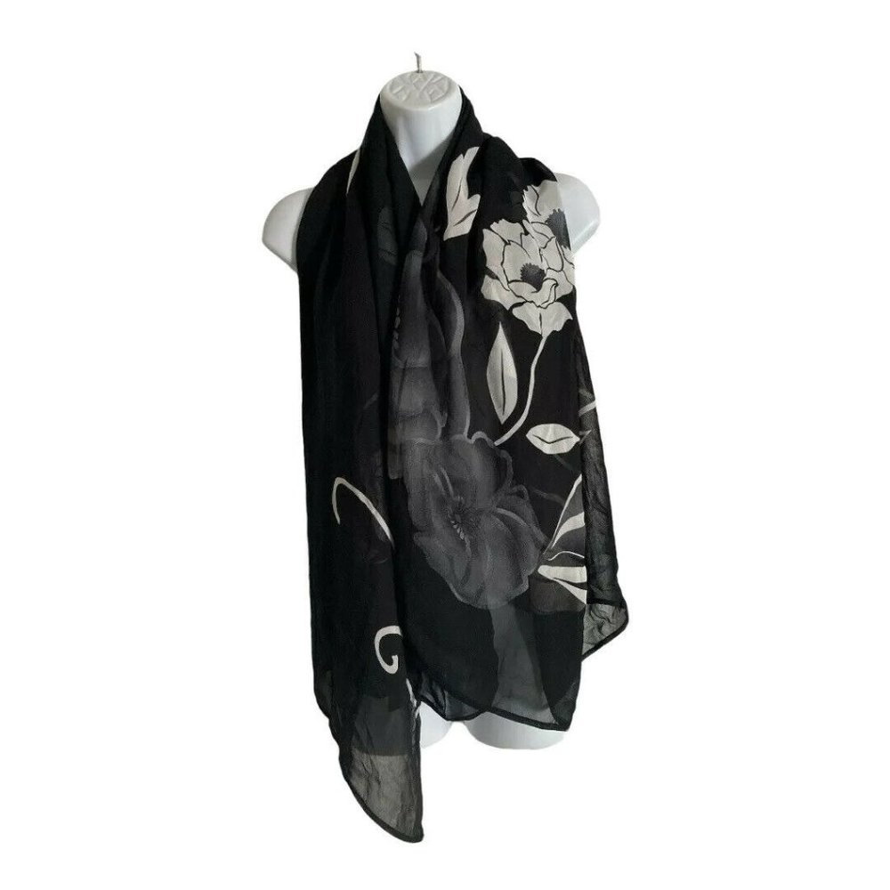 GOTTEX Black White Floral Scarf Wrap Polyester Womens  40" x 57" Rectangle